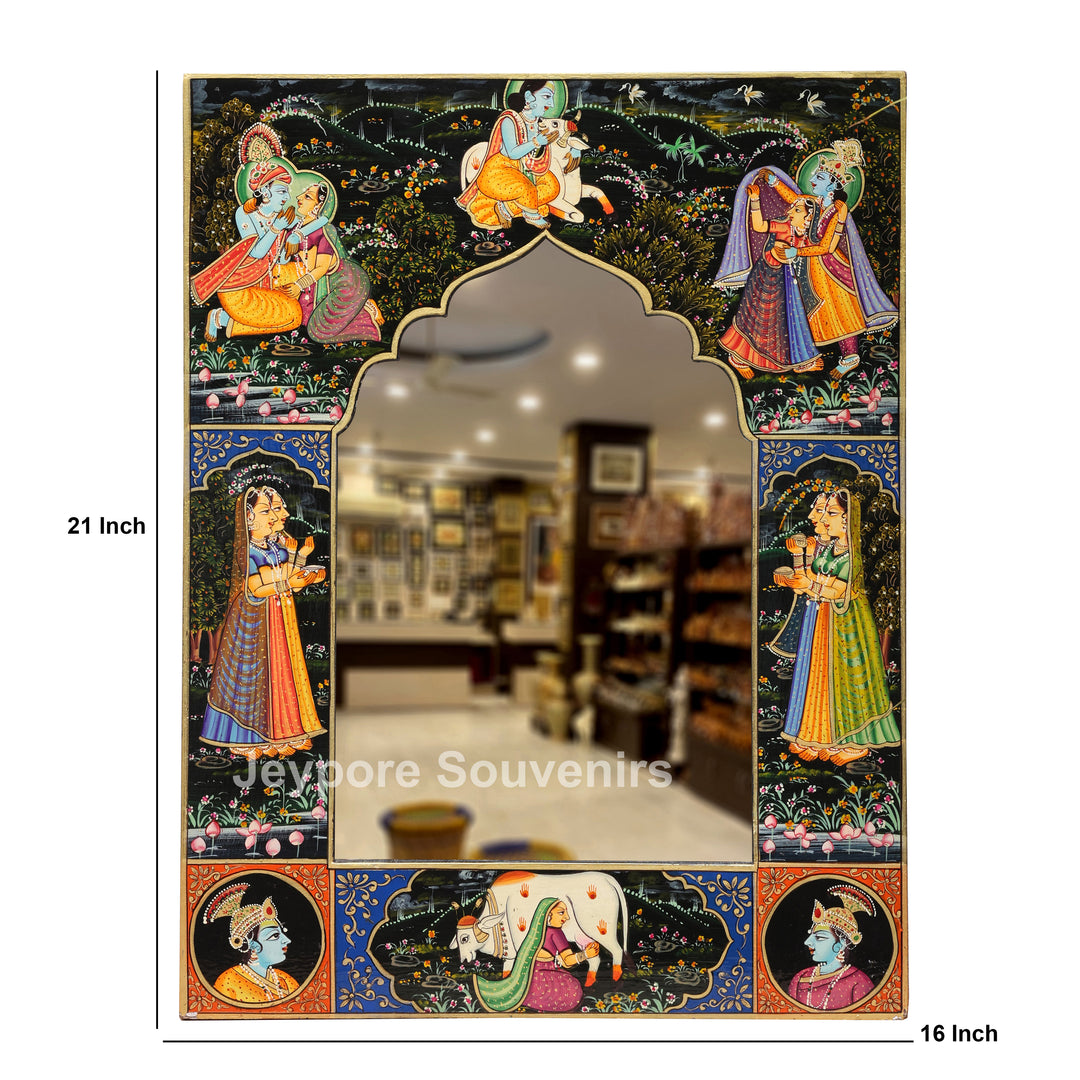 Handcrafted Pichwai Radha Krishna Decorative Wooden Wall Mirror Frame