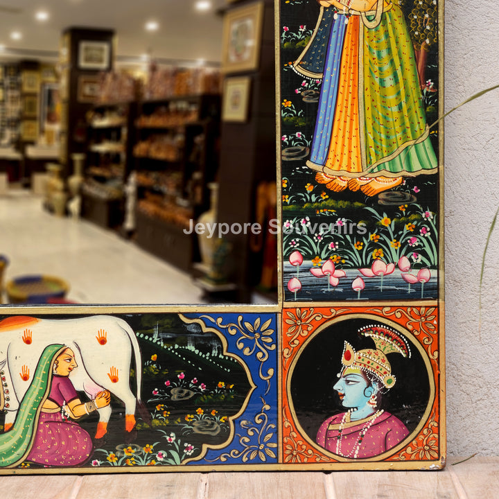 Handcrafted Pichwai Radha Krishna Decorative Wooden Wall Mirror Frame