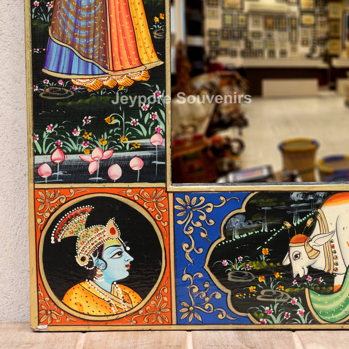 Handcrafted Pichwai Radha Krishna Decorative Wooden Wall Mirror Frame