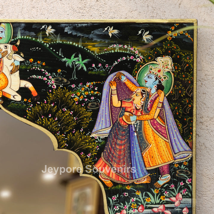 Handcrafted Pichwai Radha Krishna Decorative Wooden Wall Mirror Frame