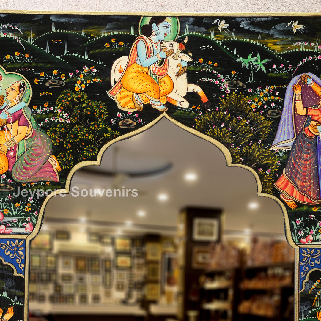 Handcrafted Pichwai Radha Krishna Decorative Wooden Wall Mirror Frame
