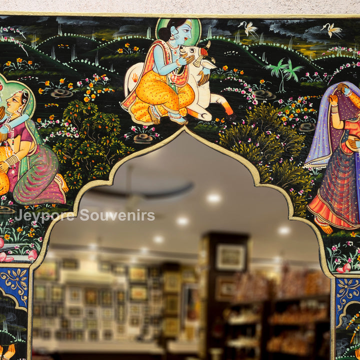 Handcrafted Pichwai Radha Krishna Decorative Wooden Wall Mirror Frame