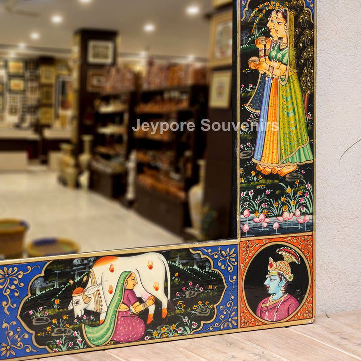 Handcrafted Pichwai Radha Krishna Decorative Wooden Wall Mirror Frame