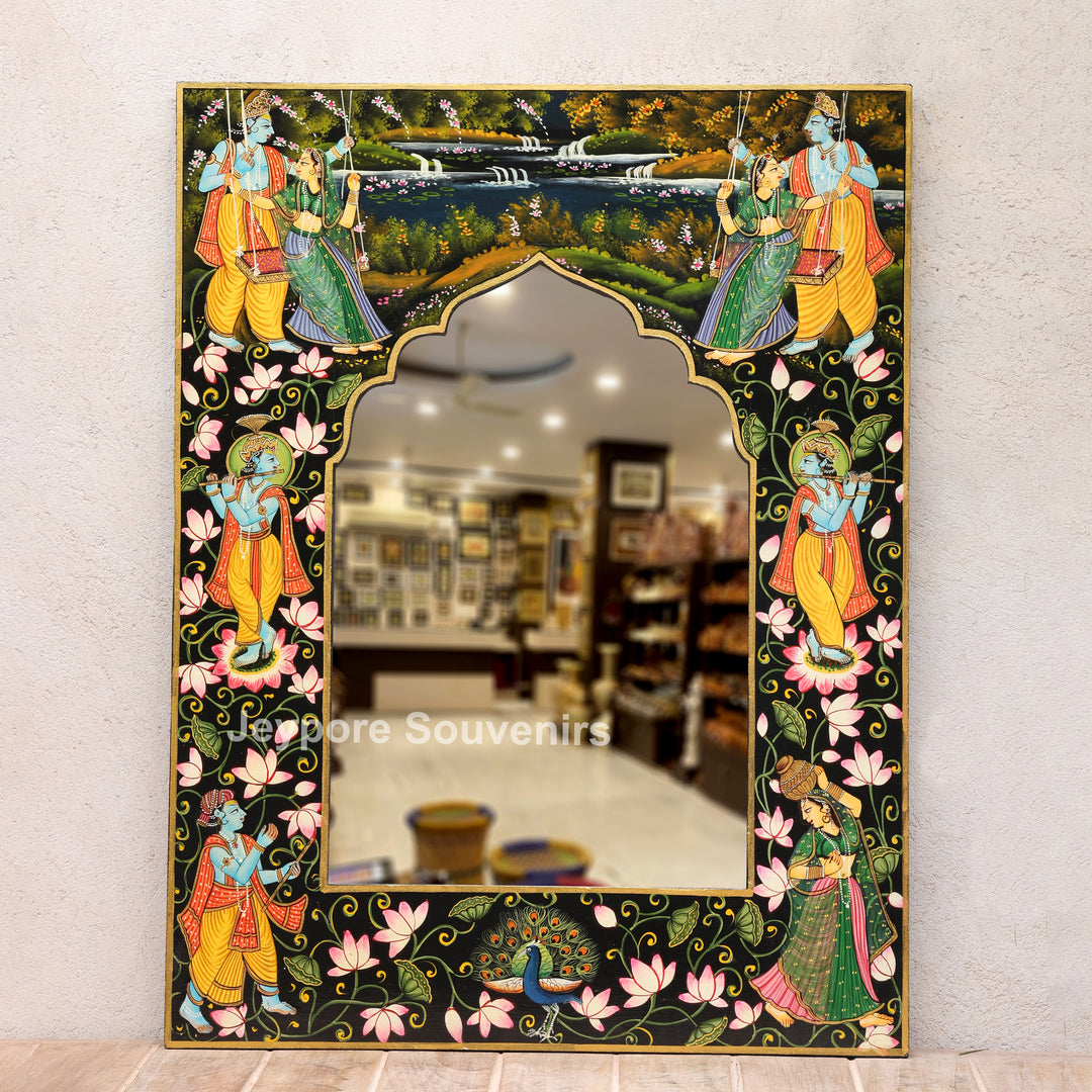 Traditional Pichwai Radha Krishna Wooden Wall Mirror Frame