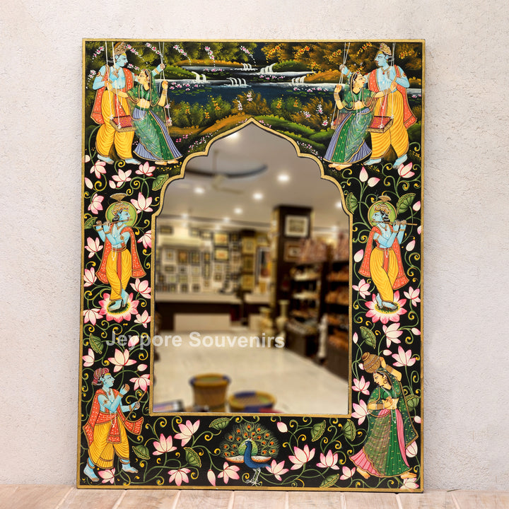 Traditional Pichwai Radha Krishna Wooden Wall Mirror Frame