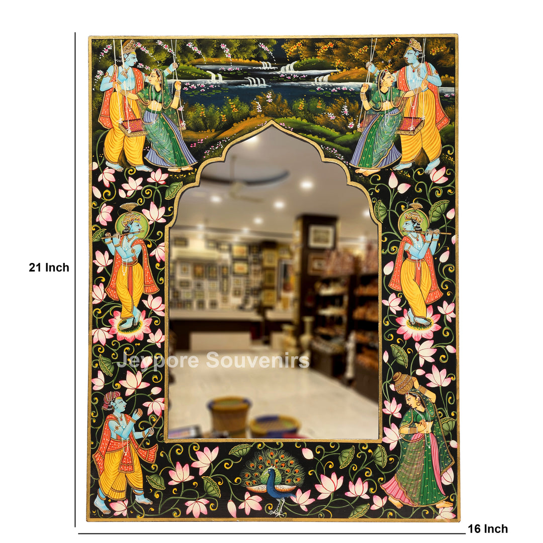 Traditional Pichwai Radha Krishna Wooden Wall Mirror Frame