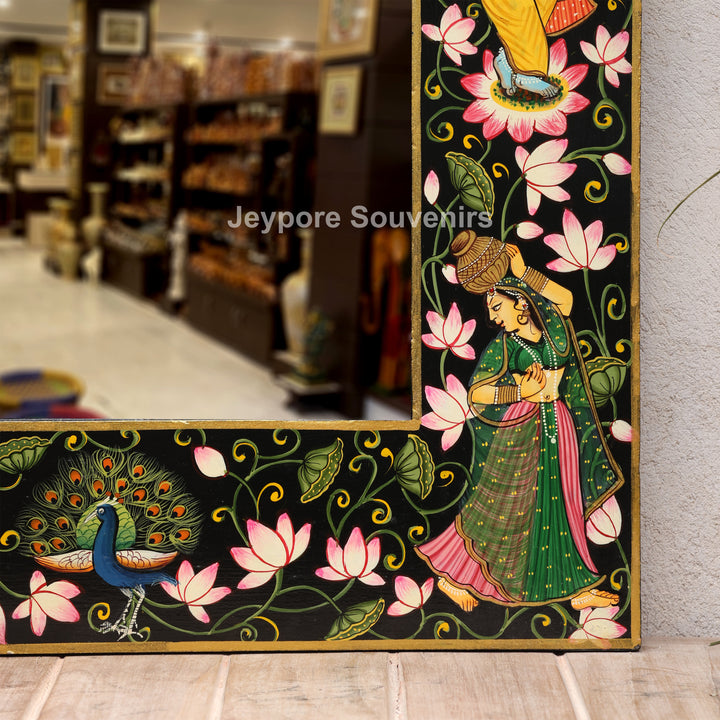 Traditional Pichwai Radha Krishna Wooden Wall Mirror Frame