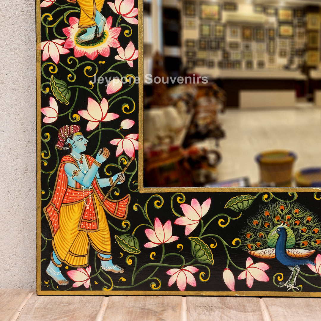 Traditional Pichwai Radha Krishna Wooden Wall Mirror Frame