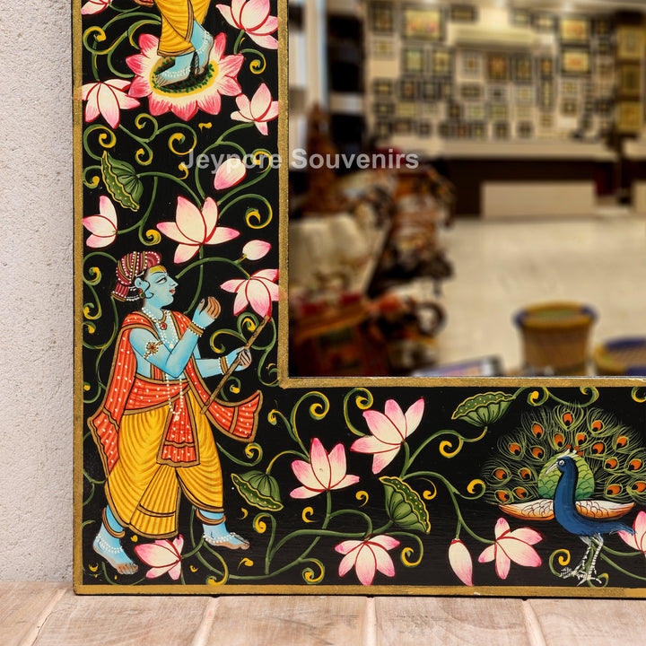 Traditional Pichwai Radha Krishna Wooden Wall Mirror Frame