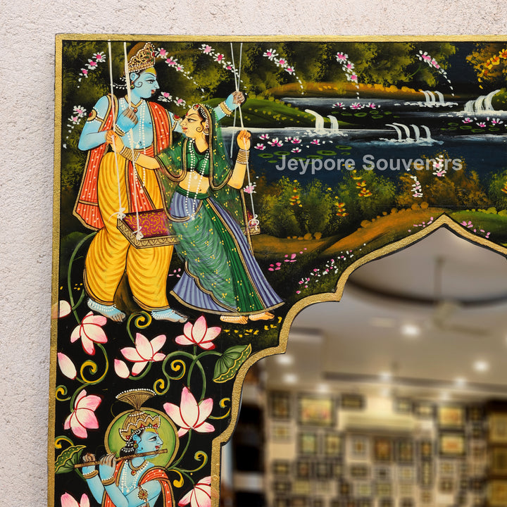 Traditional Pichwai Radha Krishna Wooden Wall Mirror Frame