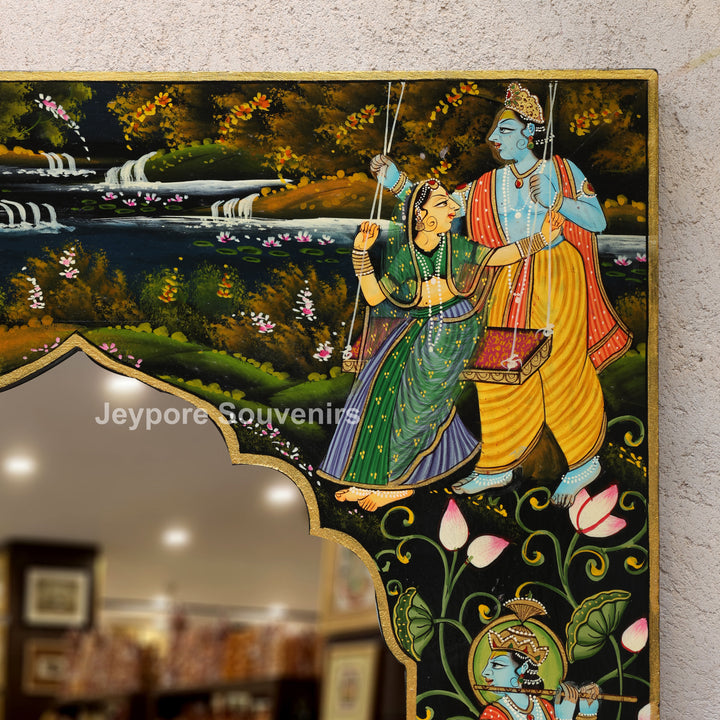 Traditional Pichwai Radha Krishna Wooden Wall Mirror Frame