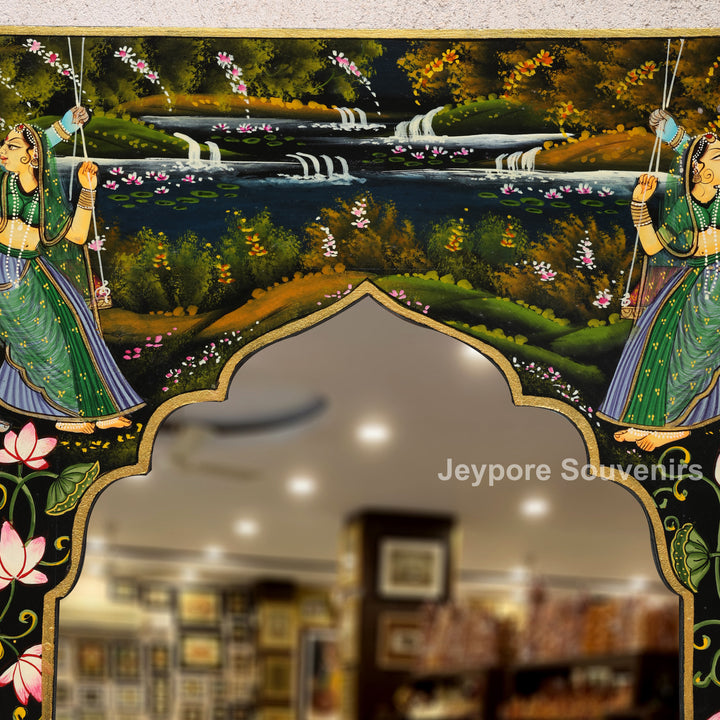 Traditional Pichwai Radha Krishna Wooden Wall Mirror Frame