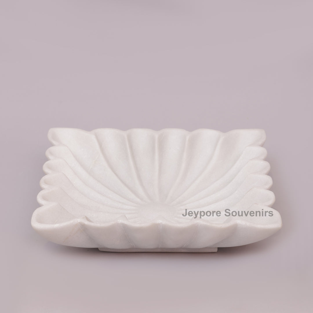 Square White Marble Fluted Decorative Bowl with Petal Carving