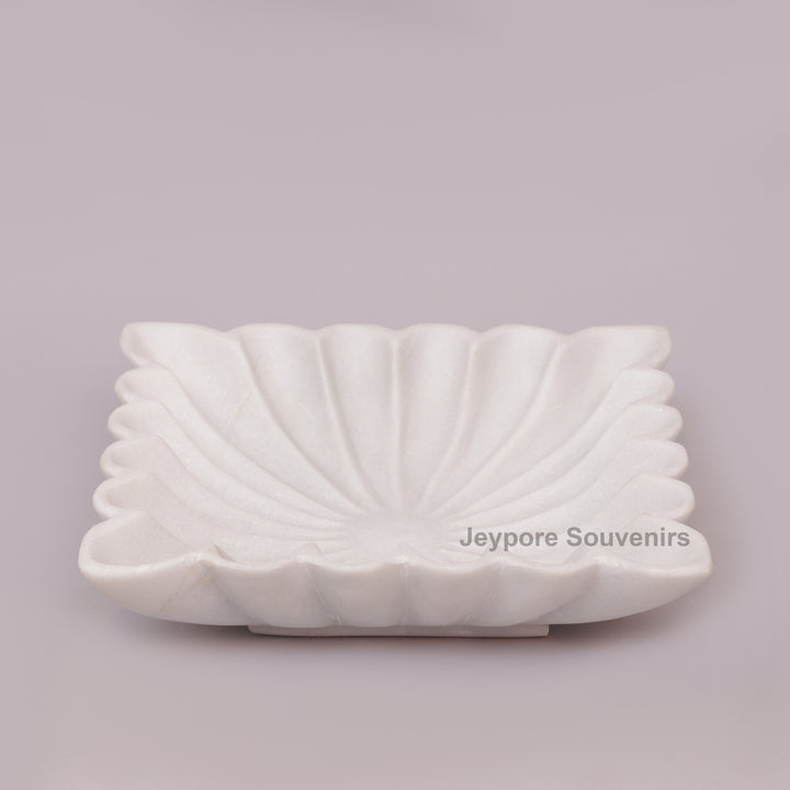 Square White Marble Fluted Decorative Bowl with Petal Carving
