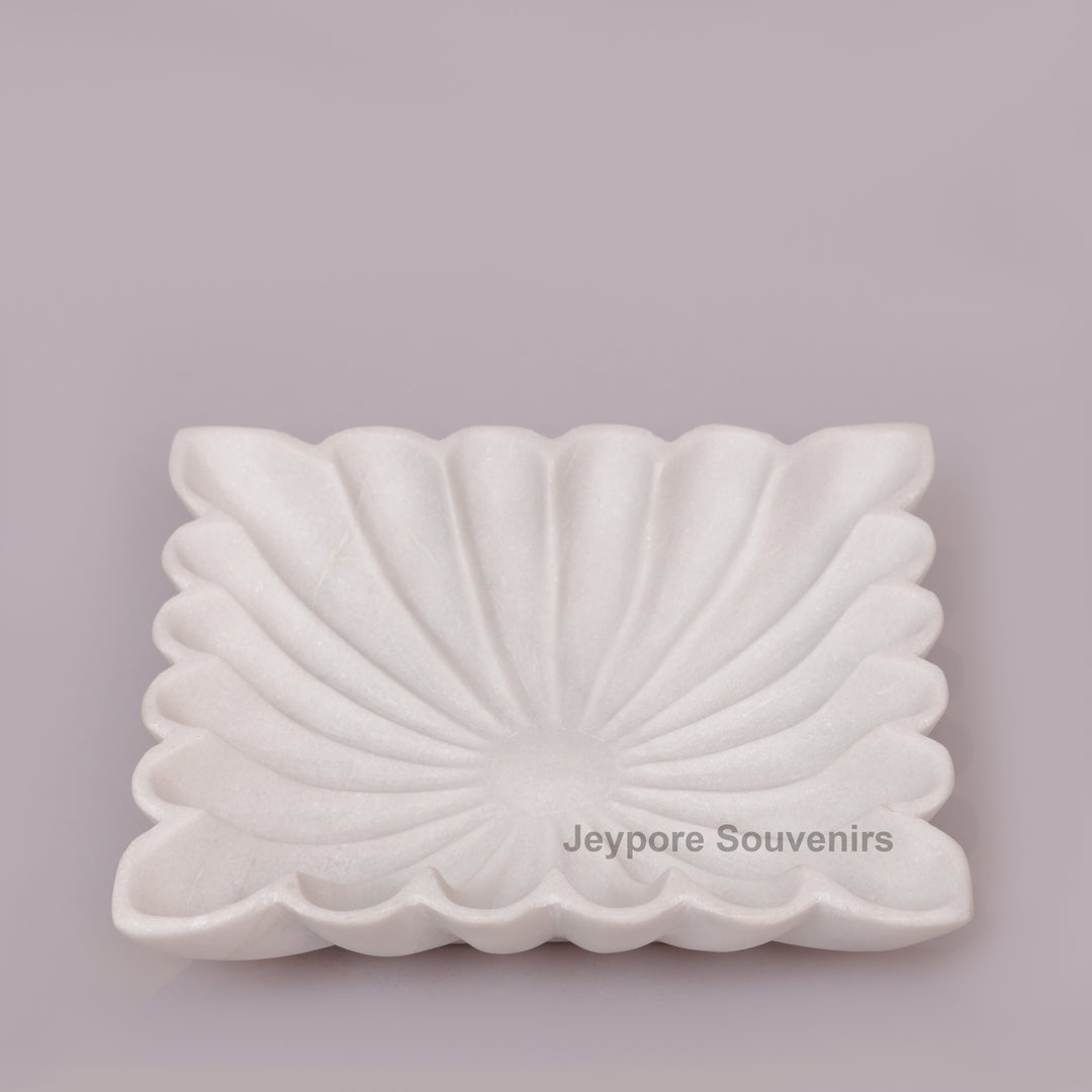Square White Marble Fluted Decorative Bowl with Petal Carving