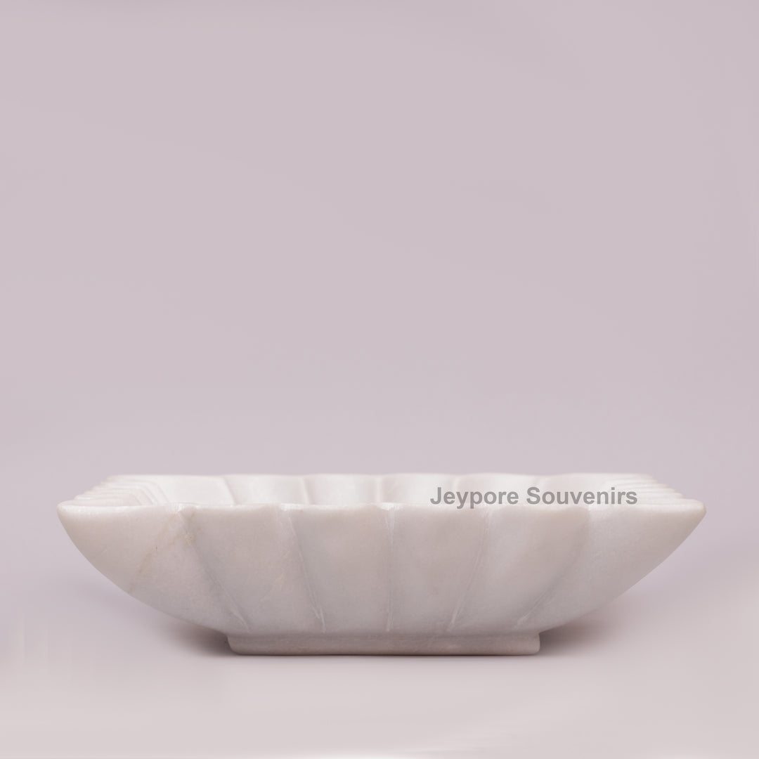 Square White Marble Fluted Decorative Bowl with Petal Carving