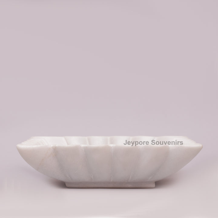 Square White Marble Fluted Decorative Bowl with Petal Carving
