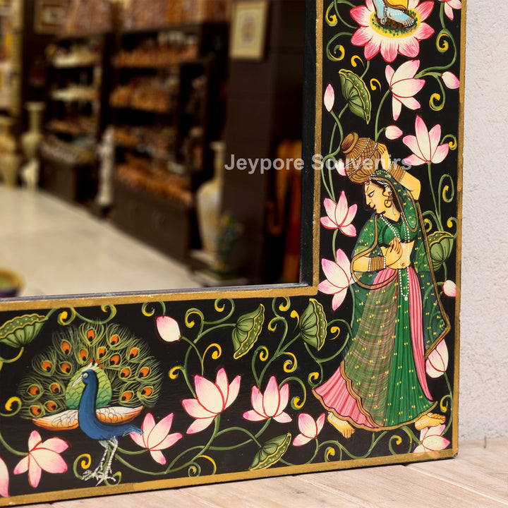 Traditional Pichwai Radha Krishna Wooden Wall Mirror Frame