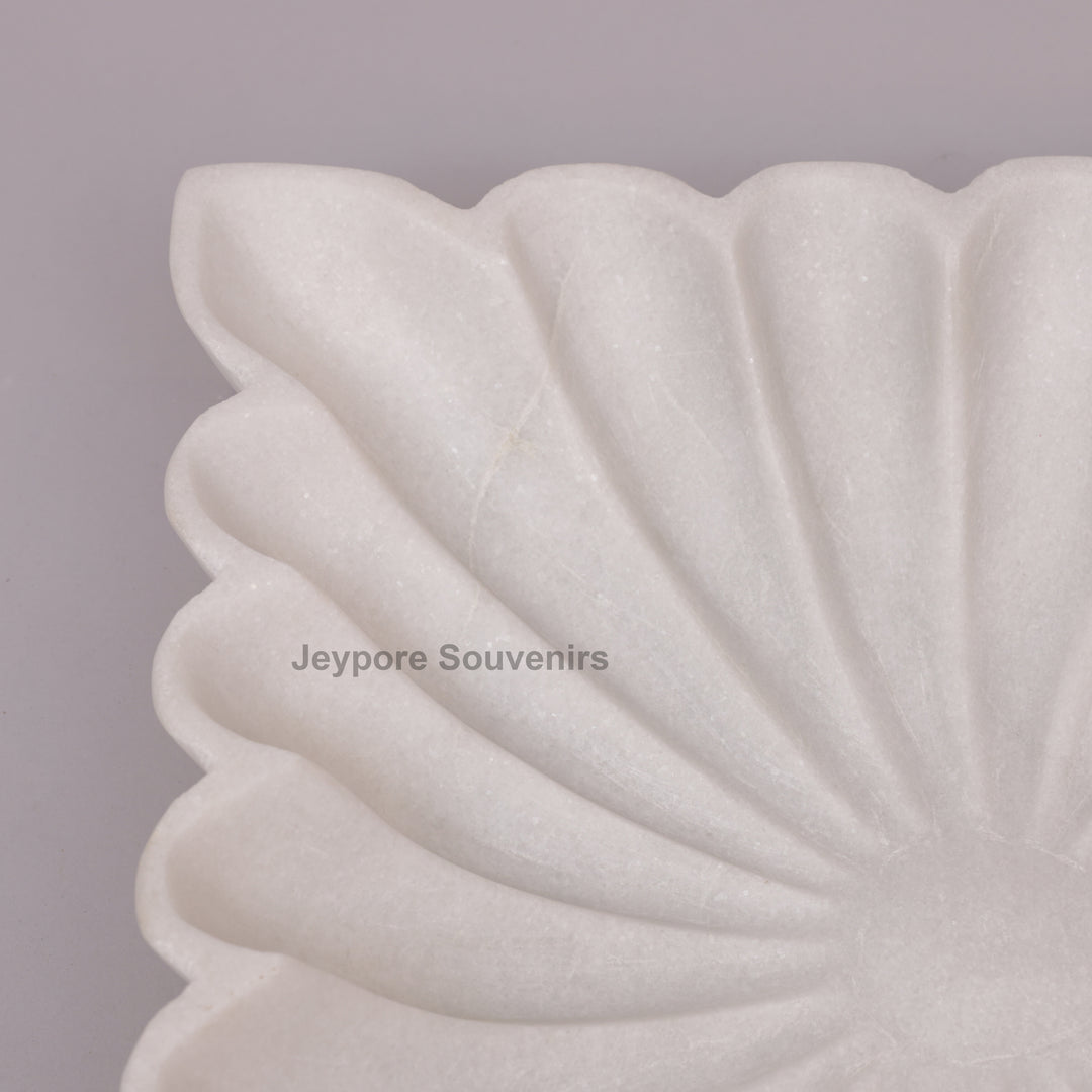 Square White Marble Fluted Decorative Bowl with Petal Carving