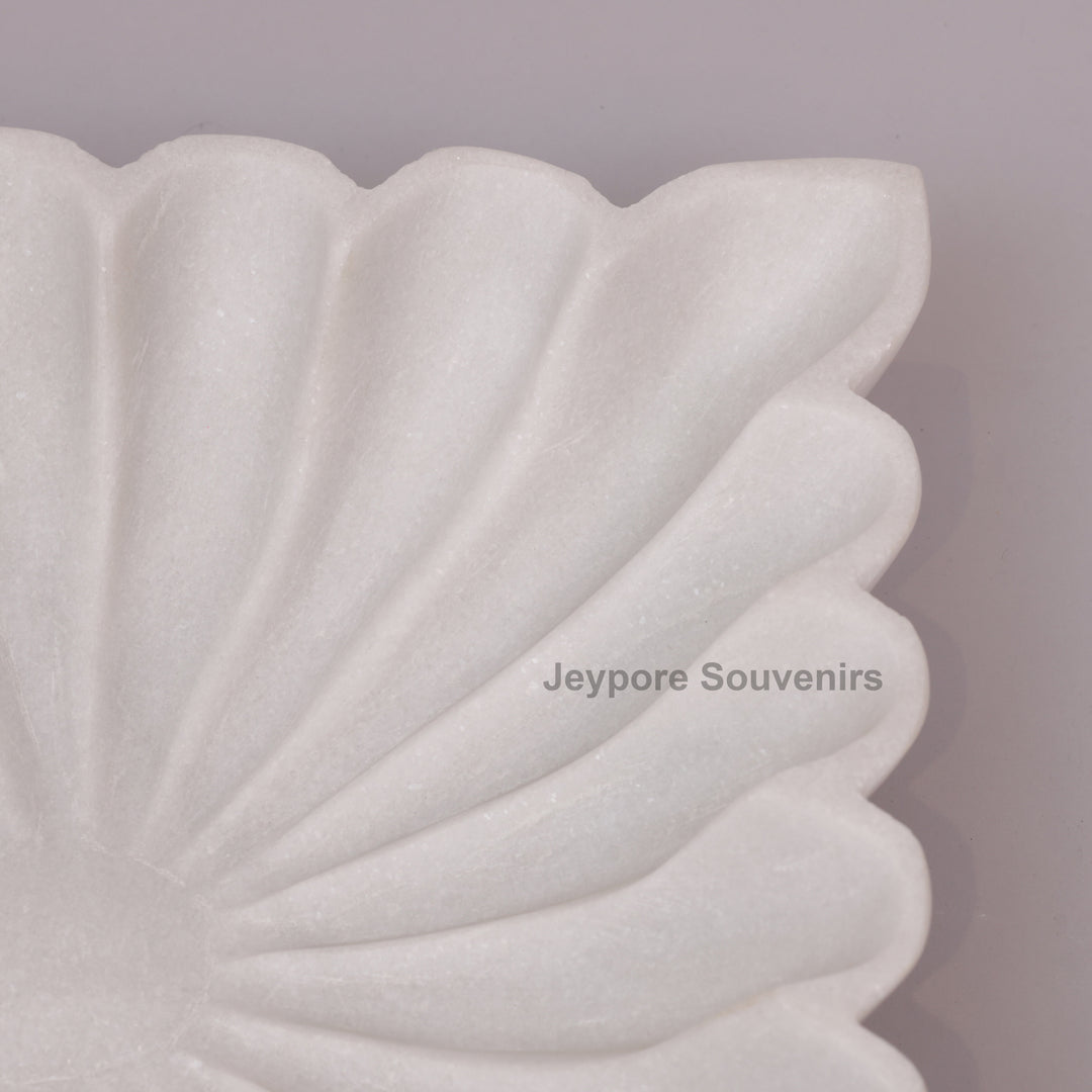 Square White Marble Fluted Decorative Bowl with Petal Carving