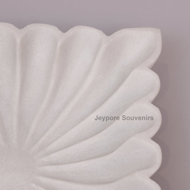 Square White Marble Fluted Decorative Bowl with Petal Carving
