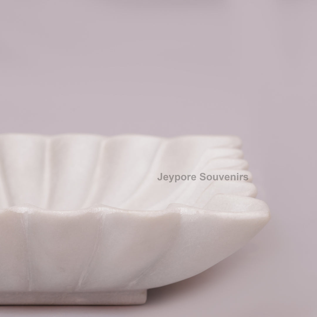 Square White Marble Fluted Decorative Bowl with Petal Carving