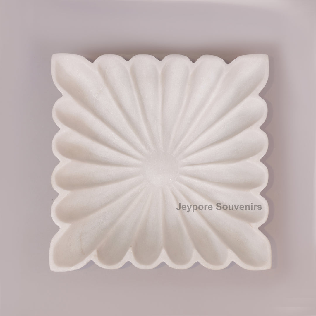 Square White Marble Fluted Decorative Bowl with Petal Carving