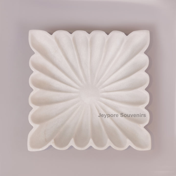 Square White Marble Fluted Decorative Bowl with Petal Carving