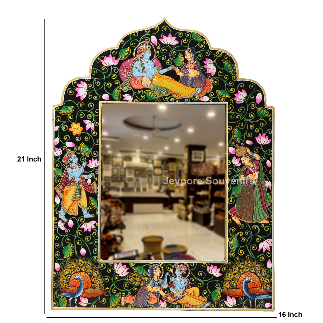 Luxury Handmade Radha Krishna Lotus Wooden Wall Mirror Frame
