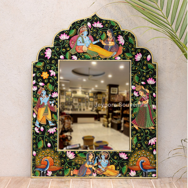 Luxury Handmade Radha Krishna Lotus Wooden Wall Mirror Frame