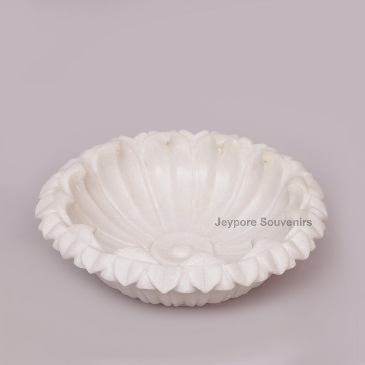 Hand-Carved White Marble Flower Bowl with Scalloped Petal Edges