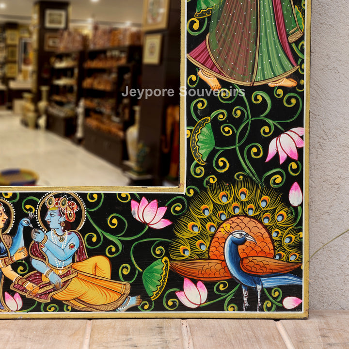 Luxury Handmade Radha Krishna Lotus Wooden Wall Mirror Frame