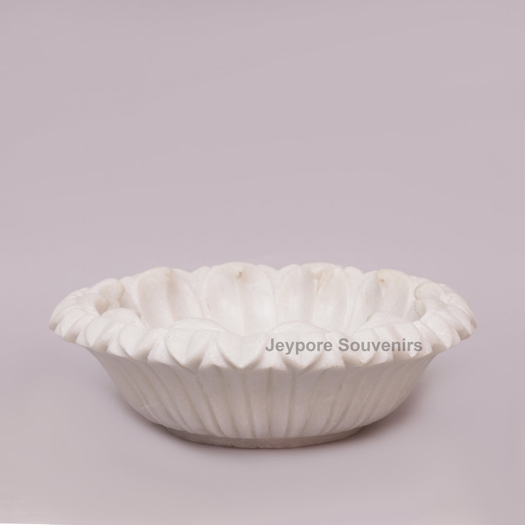 Hand-Carved White Marble Flower Bowl with Scalloped Petal Edges