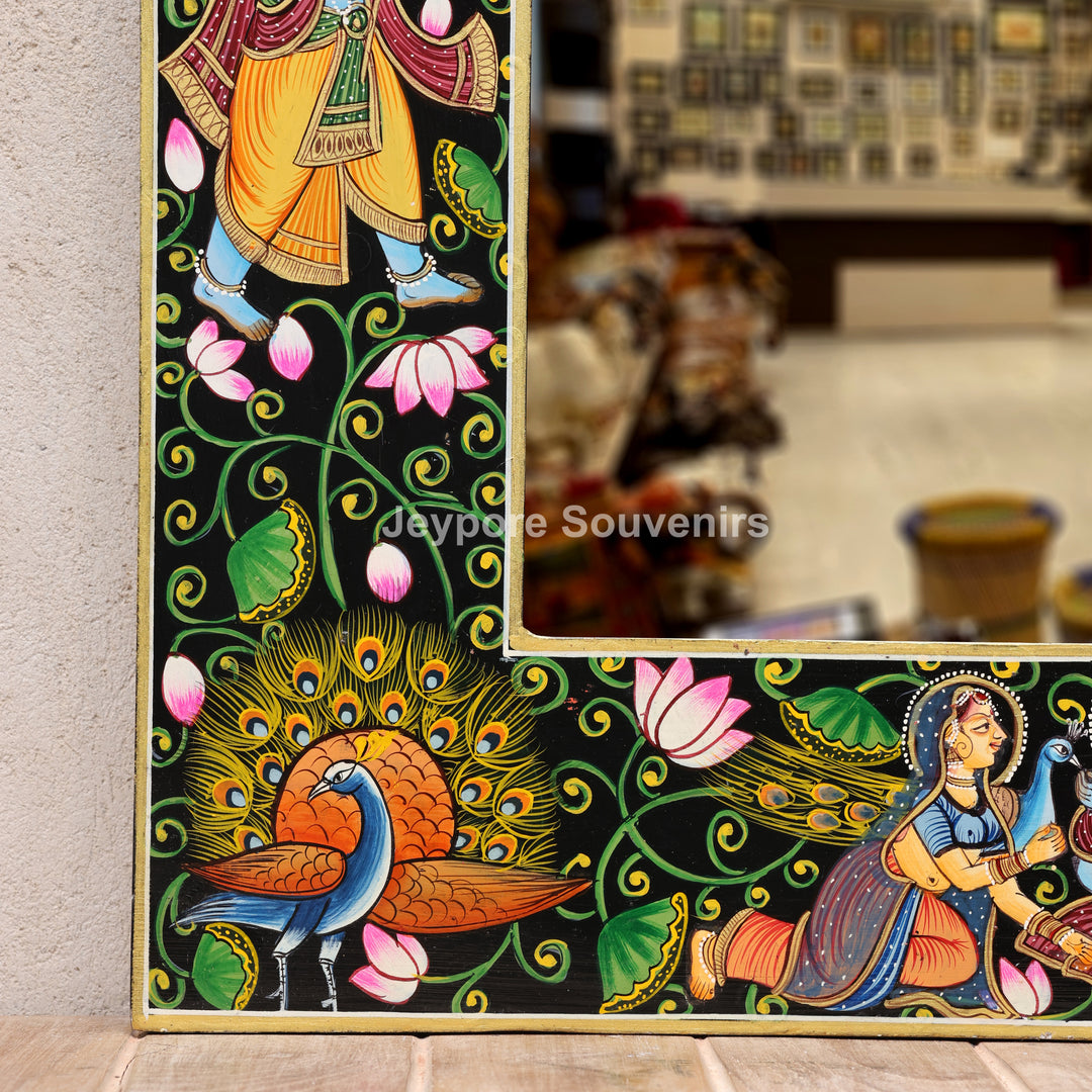 Luxury Handmade Radha Krishna Lotus Wooden Wall Mirror Frame