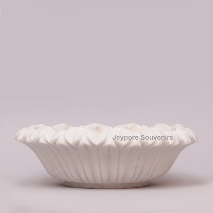 Hand-Carved White Marble Flower Bowl with Scalloped Petal Edges