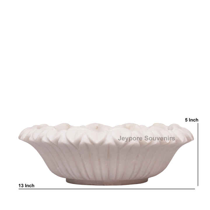 Hand-Carved White Marble Flower Bowl with Scalloped Petal Edges