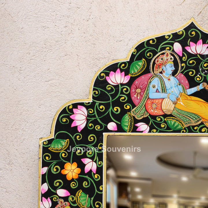 Luxury Handmade Radha Krishna Lotus Wooden Wall Mirror Frame