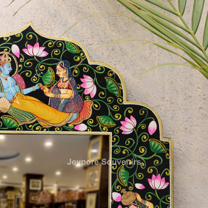 Luxury Handmade Radha Krishna Lotus Wooden Wall Mirror Frame