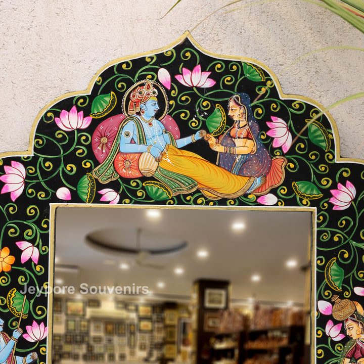 Luxury Handmade Radha Krishna Lotus Wooden Wall Mirror Frame
