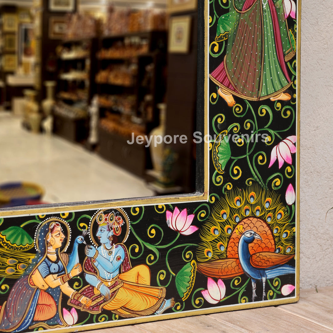 Luxury Handmade Radha Krishna Lotus Wooden Wall Mirror Frame