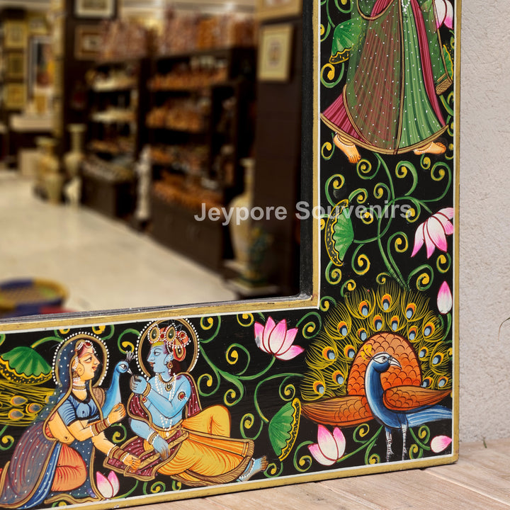 Luxury Handmade Radha Krishna Lotus Wooden Wall Mirror Frame