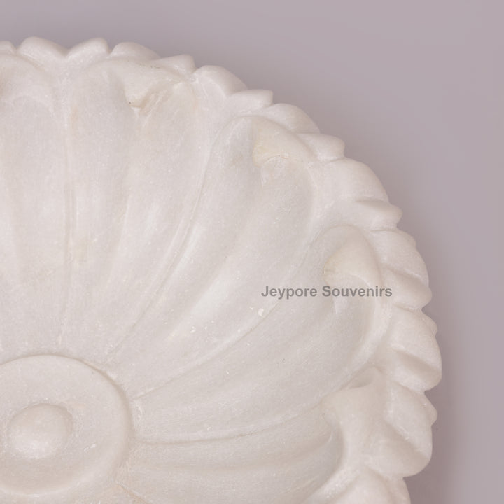 Hand-Carved White Marble Flower Bowl with Scalloped Petal Edges