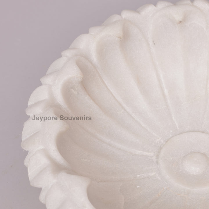 Hand-Carved White Marble Flower Bowl with Scalloped Petal Edges