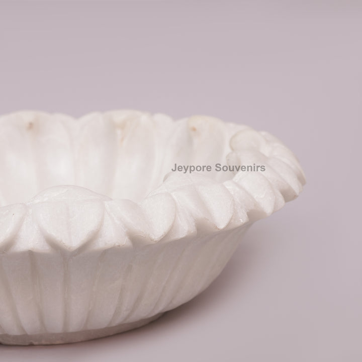 Hand-Carved White Marble Flower Bowl with Scalloped Petal Edges