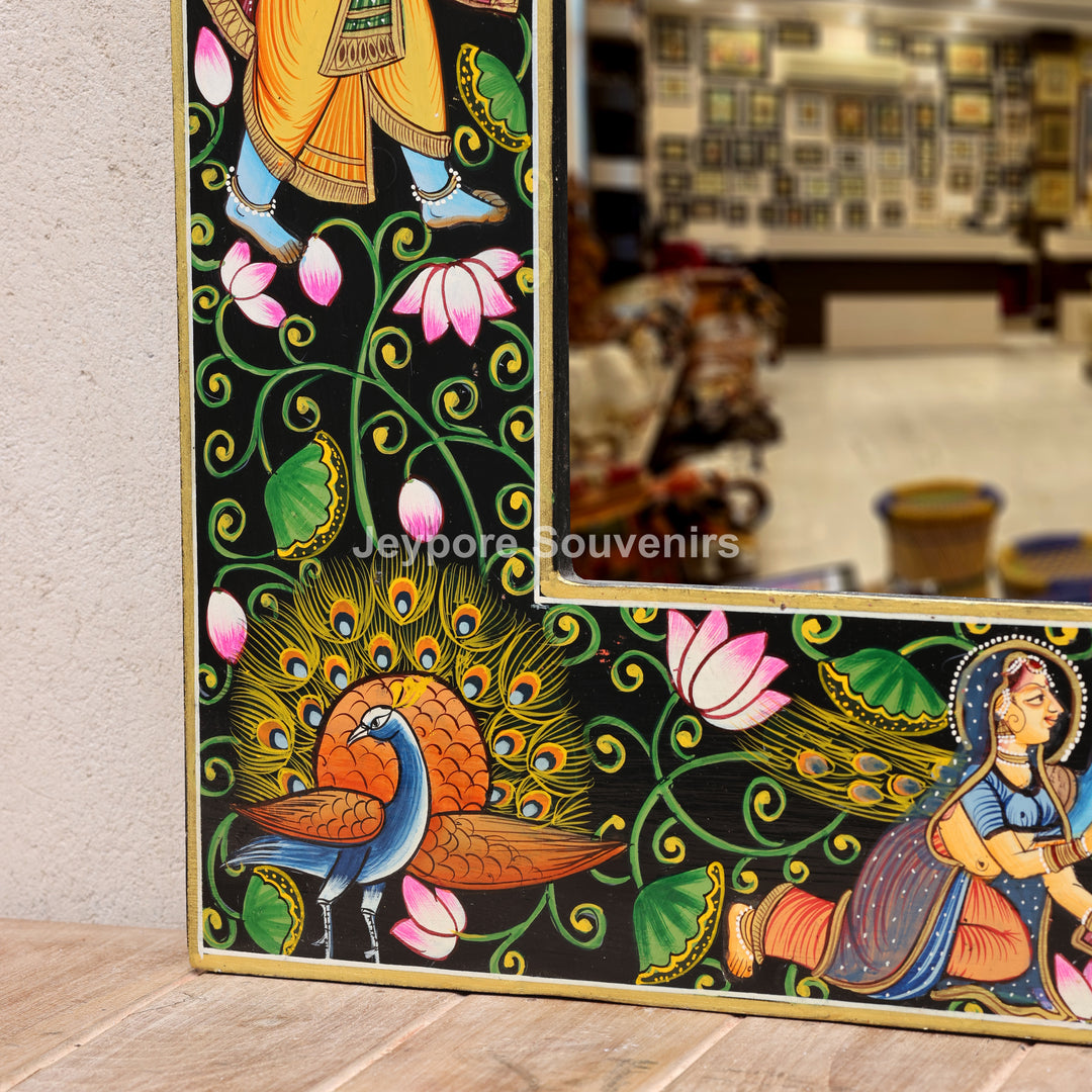 Luxury Handmade Radha Krishna Lotus Wooden Wall Mirror Frame