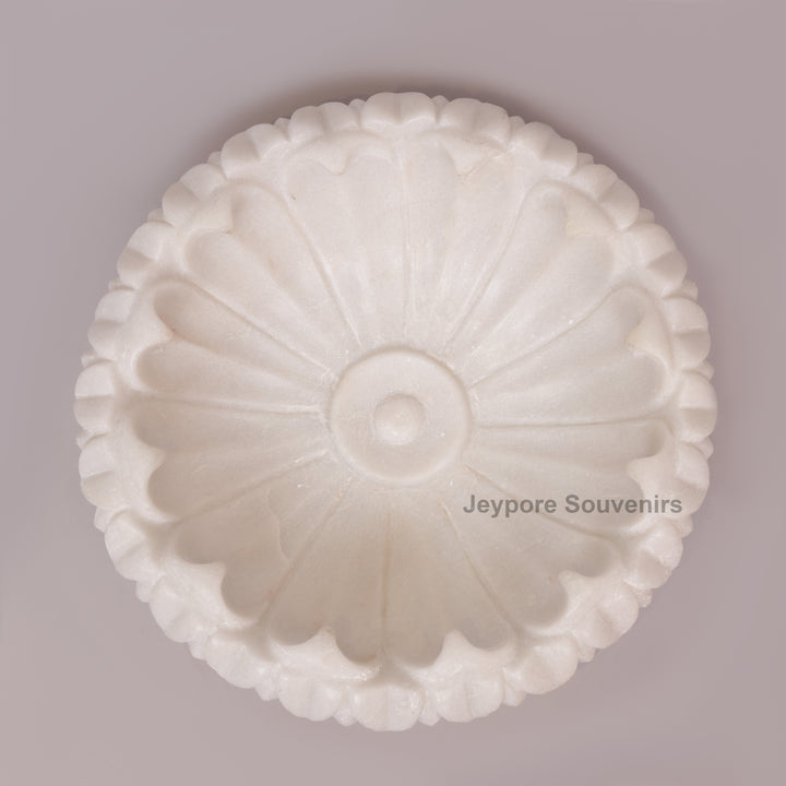 Hand-Carved White Marble Flower Bowl with Scalloped Petal Edges