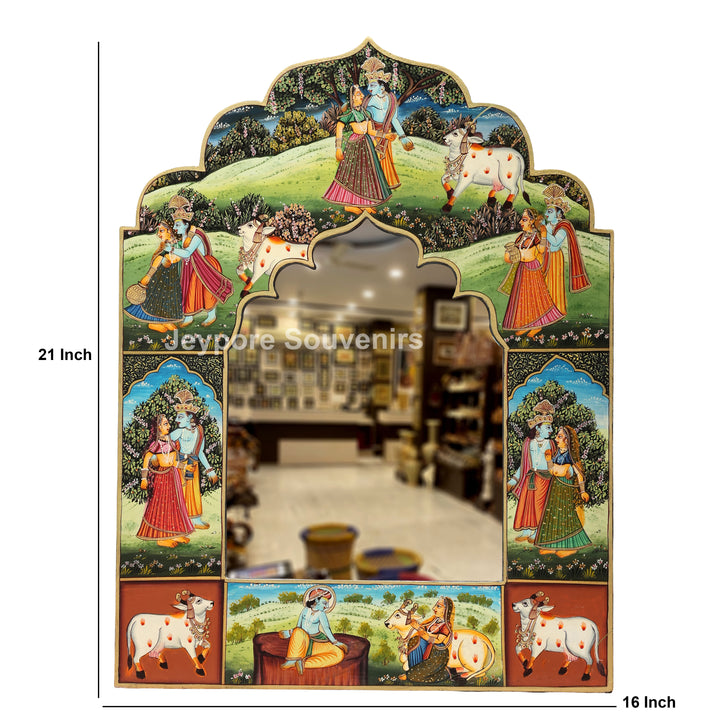 Handcrafted Radha Krishna Wooden Wall Mirror | Traditional Indian Miniature Art Decorative Mirror | Luxury Handmade Wall Décor
