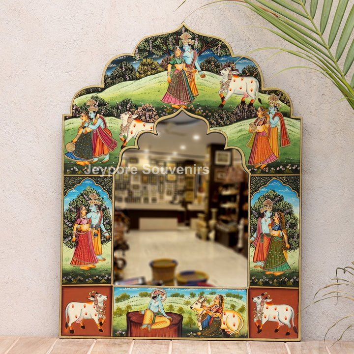 Handcrafted Radha Krishna Wooden Wall Mirror | Traditional Indian Miniature Art Decorative Mirror | Luxury Handmade Wall Décor