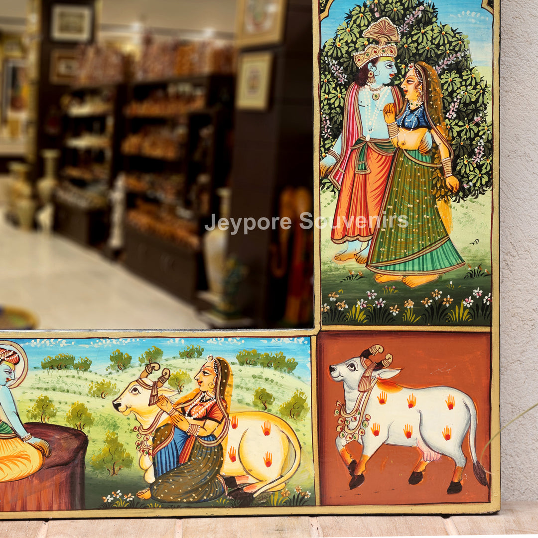 Handcrafted Radha Krishna Wooden Wall Mirror | Traditional Indian Miniature Art Decorative Mirror | Luxury Handmade Wall Décor