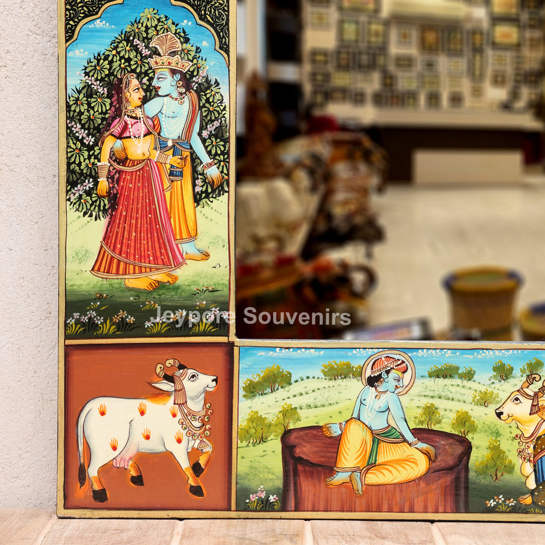 Handcrafted Radha Krishna Wooden Wall Mirror | Traditional Indian Miniature Art Decorative Mirror | Luxury Handmade Wall Décor